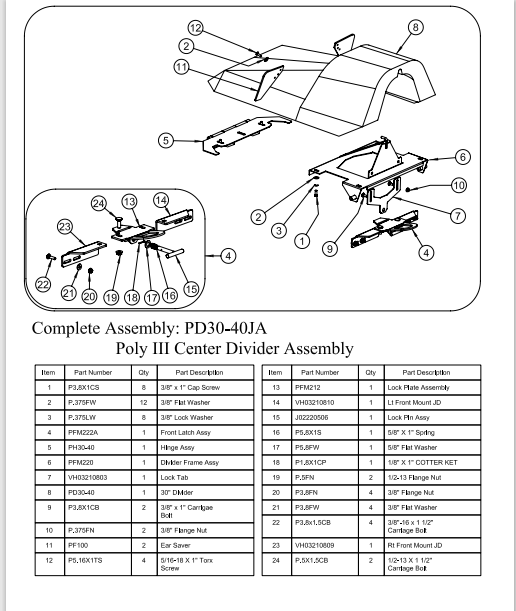 PD30-40A -- Center Divider Assembly 30" JD Green