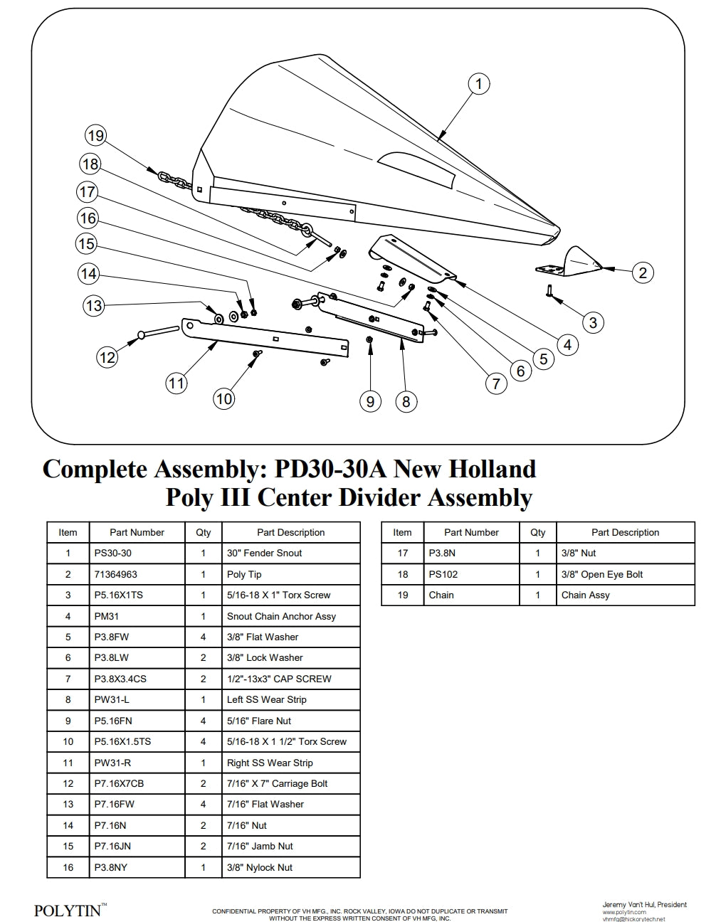 PS30-30A -- 30" Center Snout Assembly, Yellow (Used on Polytin Divider Only)